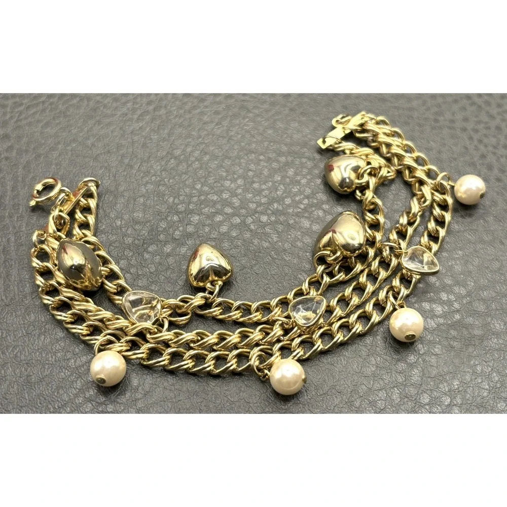 Puffy Heart Faux Pearl Station 3 Chain Link Charm Bracelet Spring Ring Closure